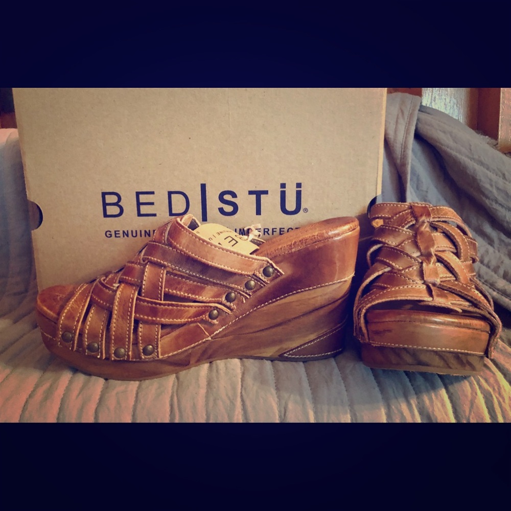 WOMENS BEDSTU TAN RUSTIC WEDGE SANDALS SIZ…